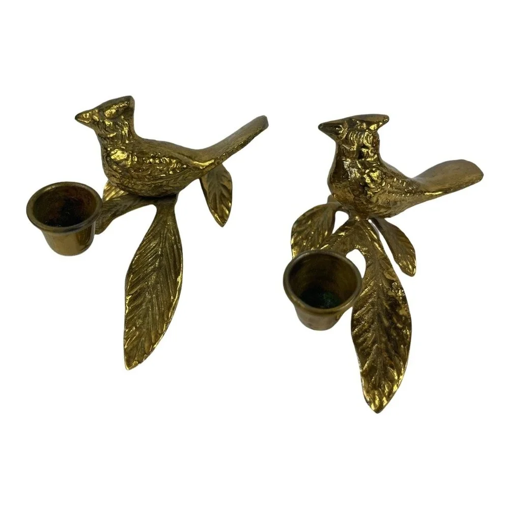 VINTAGE Pair of Brass Or Bronze Birds On A Branch Leaves Taper Candle Holders 2